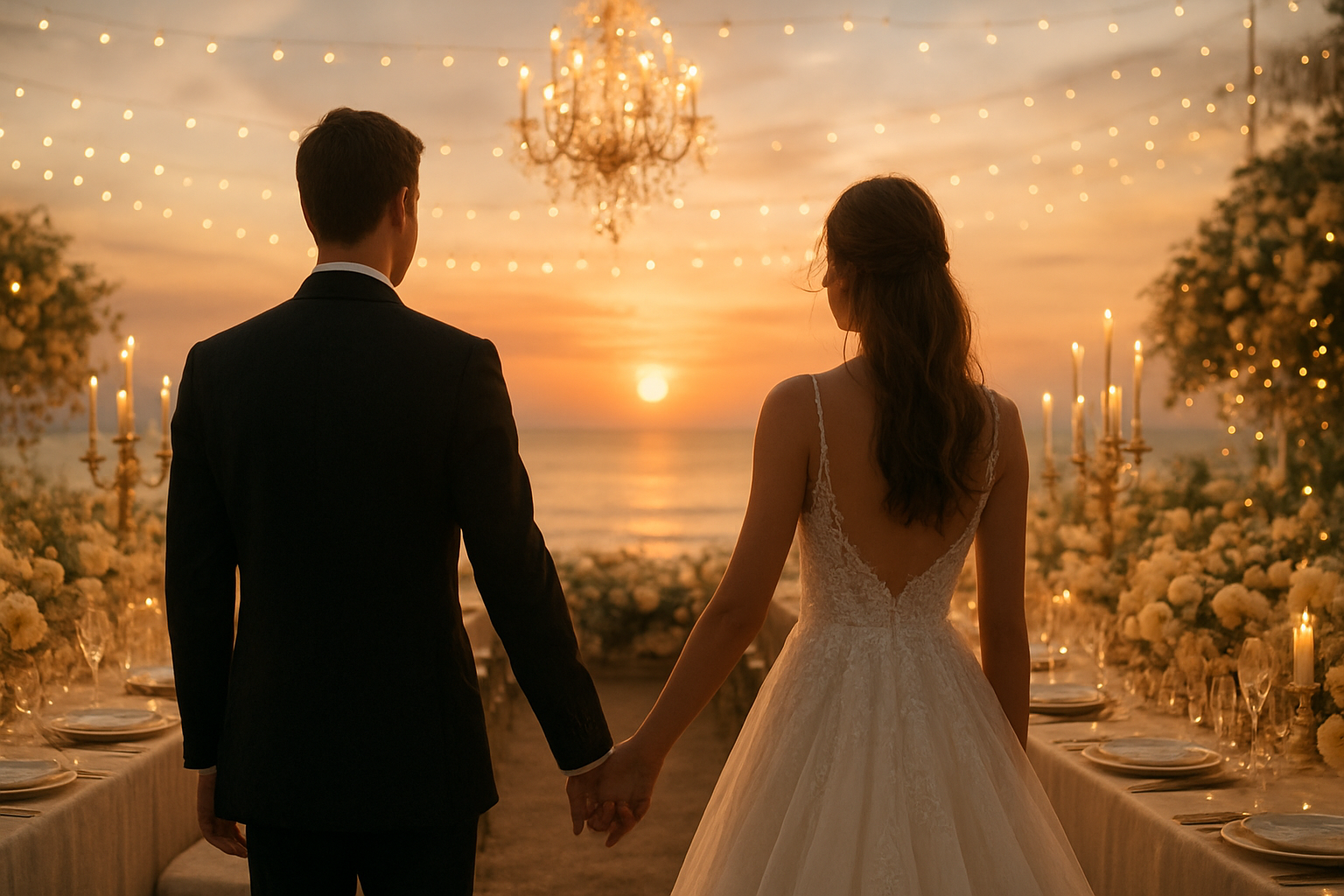 Casal admirando um cenário de casamento luxuoso ao pôr do sol